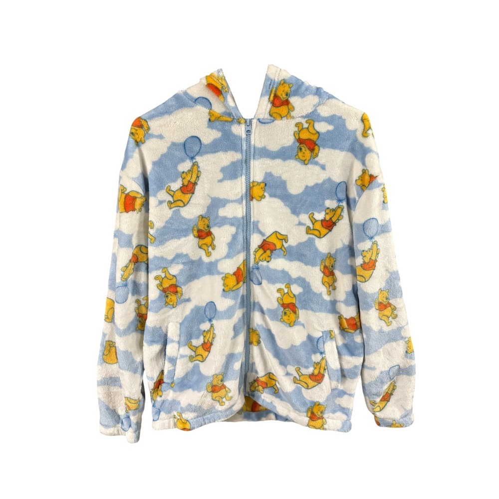 Disney Winnie the Pooh Fleece Hoodie Blue Cloud All Over Print Zip Up Jacket XS